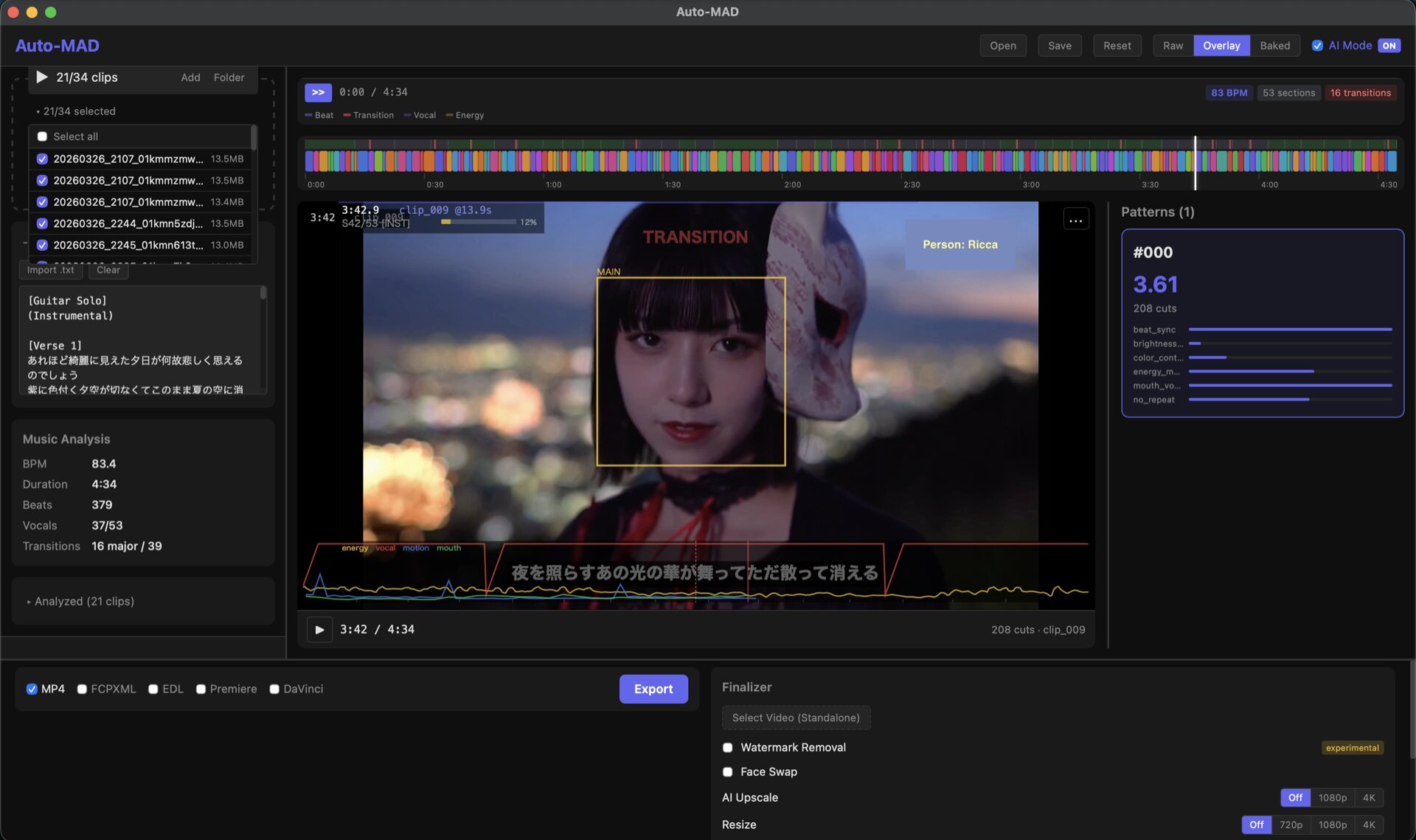 Versegen.AI interface — waveform, timeline, pattern grid, AI mode